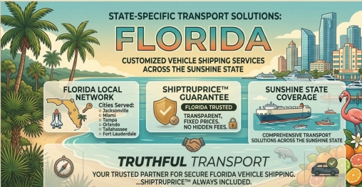 Truthful Transport regional state-specific transport solutions banner for Florida, highlighting customized vehicle shipping services, the ShipTruPrice guarantee, a local delivery network serving Jacksonville, Miami, Tampa, Orlando, Tallahassee, and Fort L